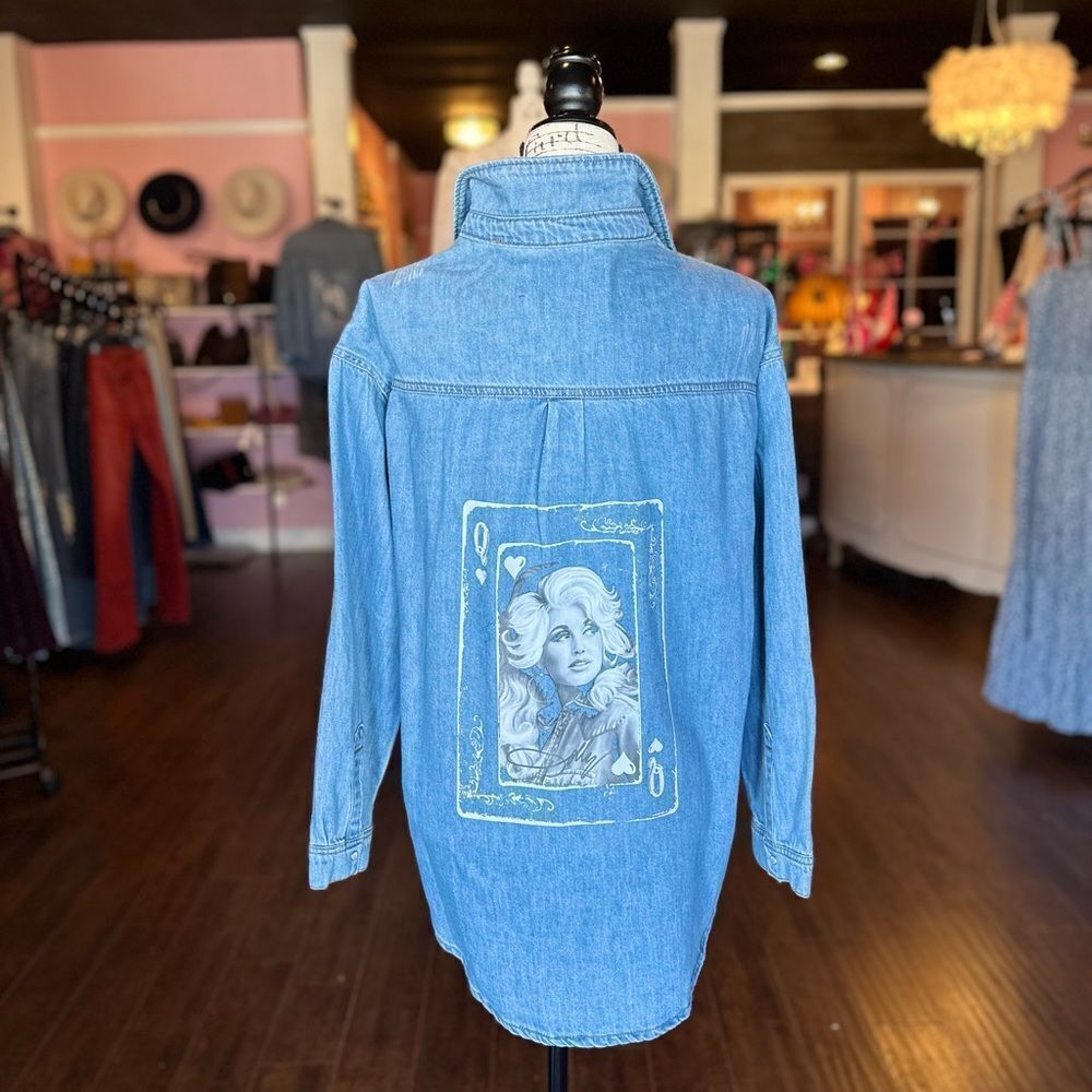 Dolly Parton Distressed Pearl Snap Denim Shirt NWT